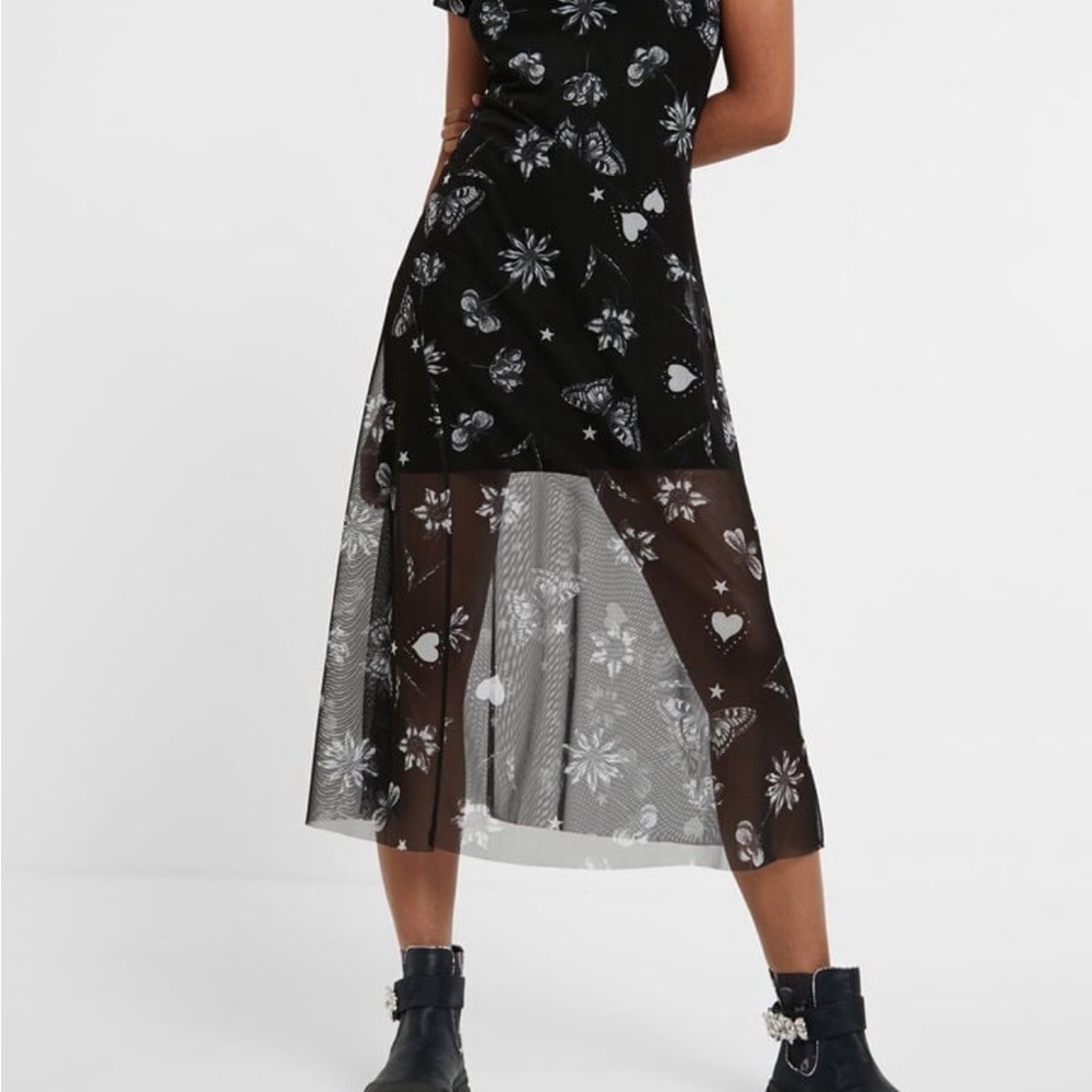 Desigual Black Sheer Floral Midi Dress